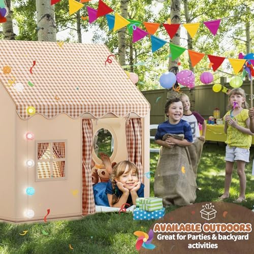 Pomefar Large Kids Tent with LED Lights & Party Decor, Indoor/Outdoor Playhouse for Boys & Girls Ages 3-10, Princess Castle Design for Birthday, Room Decor & Family Gatherings