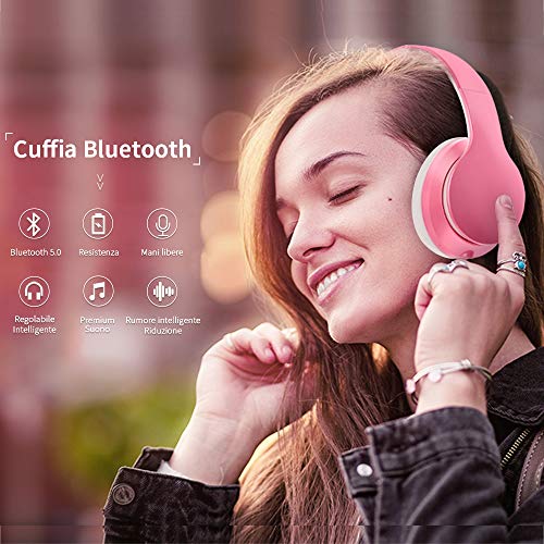 Cuffie Wireless Over Ear, Cuffie Bluetooth Senza Fili con Microfono Incorporato, Cuffie Stereo Pieghevoli Audio Hi-Fi per Telefono/Pc/Tv/Online, Comodi Paraorecchie per Indossare a Lungo(Rosa)