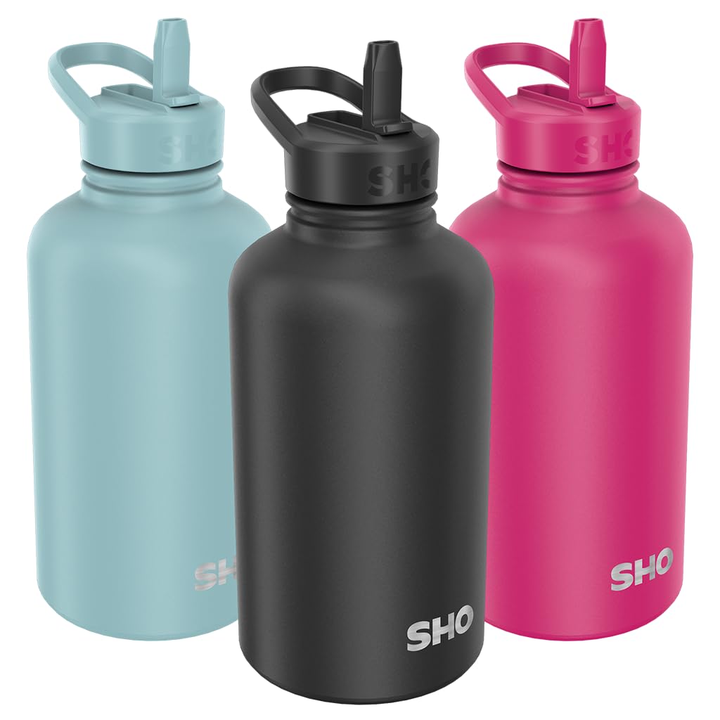 SHO Guzzler Water Bottle with Straw Lid - Leakproof, Dishwasher Safe, BPA Free, No Sweat, Vacuum Insulated Double Walled Metal Flask, 950ml & 1900ml - 24 Hours Cold (Onyx, 1900ml)