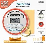 TimerCap Automatically Displays Time Since Last Opened - Built-in Stopwatch Smart Pill Bottle Cap Medication Reminder Case (4 Pack - Large 4 oz Amber Bottles) EZ -Twist/CRC