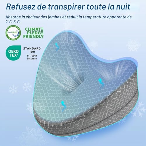 LITSPOT Cooling Leg Pillow Knee Pillow for Side Sleepers with Memory Foam for Back Hip and Joint Pressure Relief, Grey