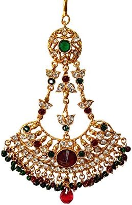 Traditsiya Red Green Gold Stone Studded Chains Jhoomar Passa Head Jewelry TJH13