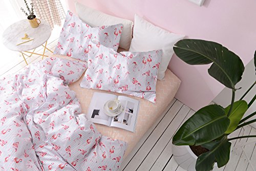 Flamingo Duvet Cover Set, 100% Cotton Bedding, Pink Flamingo Birds with Gray Ticking Striped Pattern on White, with Zipper Closure (3pcs, King Size)