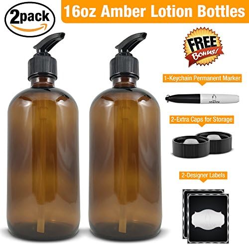 Empty Amber Glass Lotion Bottle-Large 16 oz Refillable Container for Lotion, Soap, Shampoo, &amp; More-Black Lotion Pump-2 PackBonus Free Caps, Designer Labels, Permanent Marker, &amp; Money Saver eBook