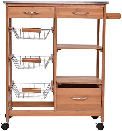 Trolley Cart Bamboo Rolling Kitchen Island Storage Shelf Drawers Basket Dining