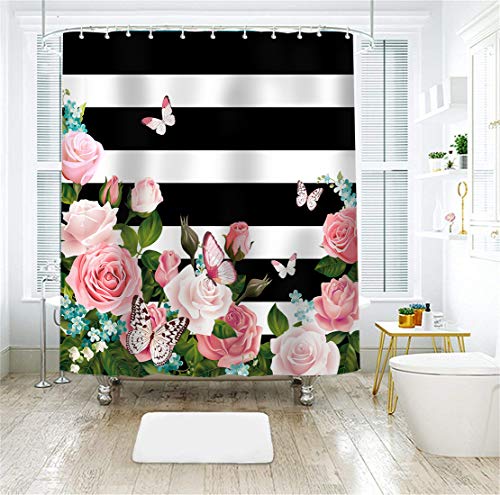 image for LIVILAN Black and White Stripes Shower Curtain Set with 12 Hooks Fabri