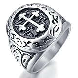INBLUE Men's Stainless Steel Ring Silver Tone Black Cross Oval Size11