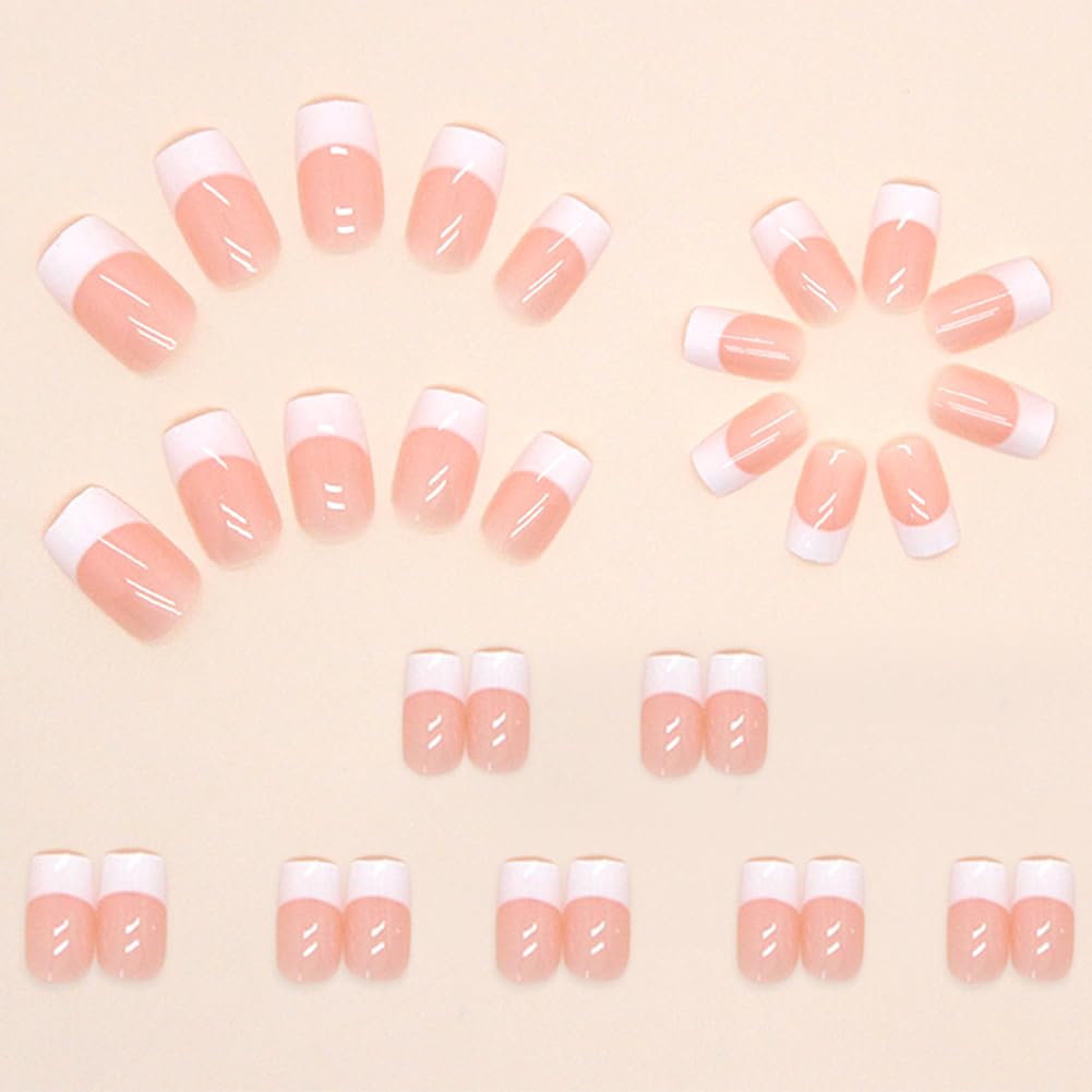 Hrnsnails Nails Press Ons, White French Tip Press On Nails Medium Square Fake Nails with Glossy Design, Artificial Press On Nail Kit Stick On Nails for Women-32Pcs - Image 4