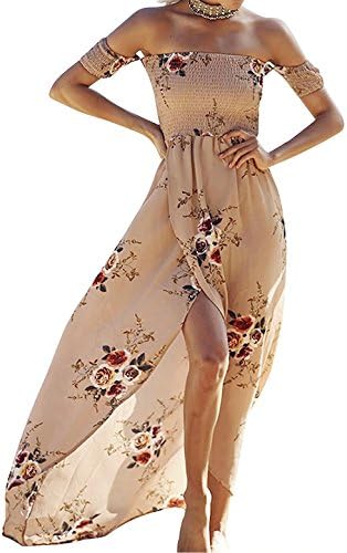 InStylish Women's Floral Off the Shoulder Split Chiffon Maxi Beach Dress for Wedding Party