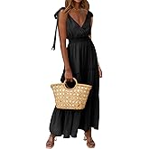 PRETTYGARDEN Women's Cross Neck Spring Sleeveless Tiered Maxi Dress Beach Tie Strap Smocked Long Dresses Pleated Sundress