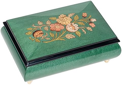 Floral Green Italian Hand Crafted Inlaid Wood Jewelry Music Box Plays Danny Boy
