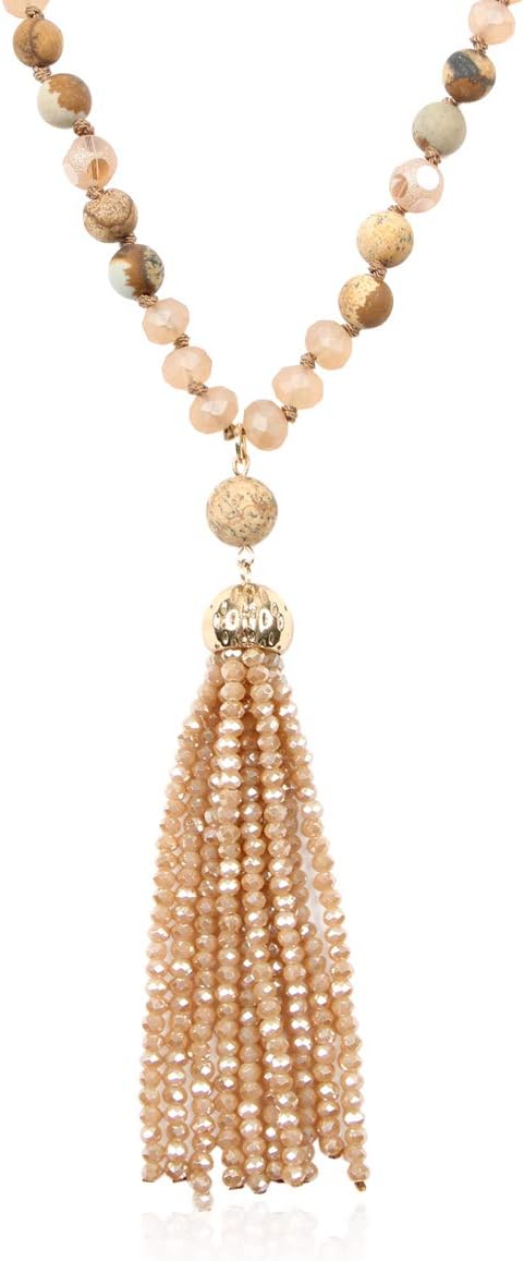 Bohemian Pendant Beaded Long Statement Necklace - Sparkly Crystal Bead Boho Teardrop, Natural Stone, Tassel Charm Wrap Lariat