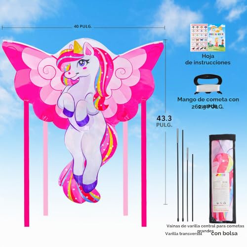 JOYIN Cometa de unicornio de 43.3 pulgadas, fácil de volar para niños y adultos, cometa de playa grande para juegos y actividades al aire libre