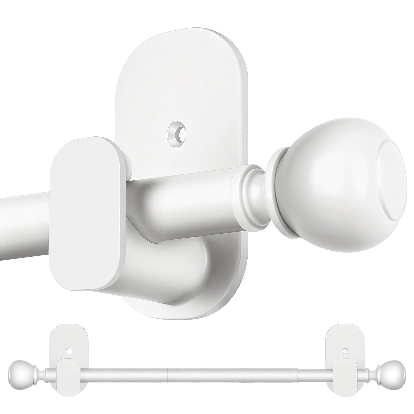 White No Drill Curtain Rods for Windows 48 to 84 Inches, USFOOK 5/8 Inch Curtain Rods No Drilling with 3M Adhesive Holders, Apartment Friendly Drapery Rod with Round Finials