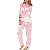 SWOMOG Long Sleeve Pajamas Set Silk Satin Sleepwear Button Down Pjs Loungewear with Pocket
