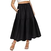 CARCOS Plus Size Skirts for Curvy Women Elastic High Waist Boho Maxi Skirt Pleated A-Line Tiered Long Skirts with Pockets