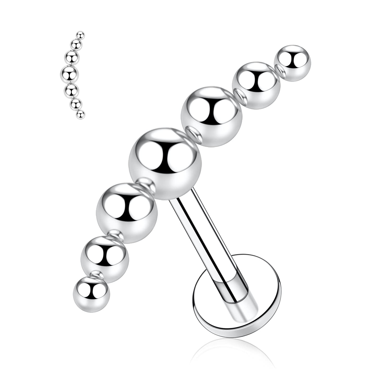 hengkaixuan 16G G23 Titanium Labret Studs Internally Threaded Lip Studs Flat Back Labret Tragus Piercing 10mm Monroe Medusa Lip Piercing Silver with 7 Balls Lobe Cartilage Conch Earring Jewellery