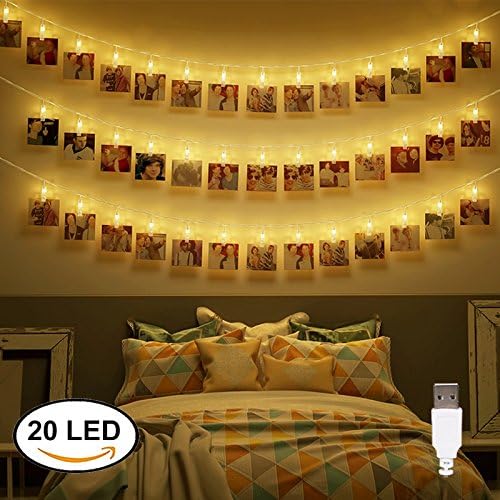 Dadiii 20 LED Photo Clip String Lights Christmas Lights for Hanging Photos, Pictures, Cards, Ideal Gift for Wedding, Party, Christmas Decoration, Powered by USB ( Warm Light )
