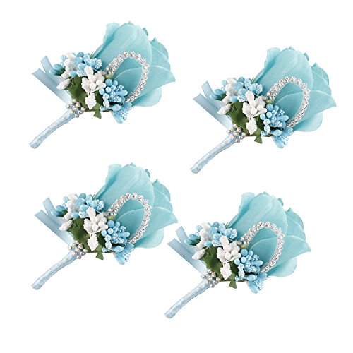 YSUCAU Rose Boutonniere Handmade Corsage Classic Artificial Groom Flowers Brooch with Pin for Wedding Prom Party (Blue)