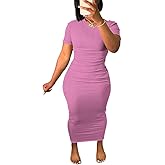 Women's Casual Short Sleeve Dress T Shirt Bodycon Dresses Ribbed V Neck Maxi Sundress Basic Party Club Dress-Pink-XXL