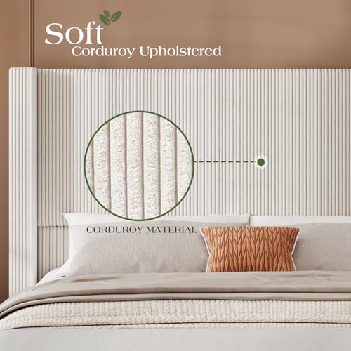 Jocisland Queen Size Upholstered Platform Bed Frame, 50.8" Corduroy Bed Frame with Wingback Headboard Vertical Tufted, Solid Wood Legs, No Box Spring Needed, Beige