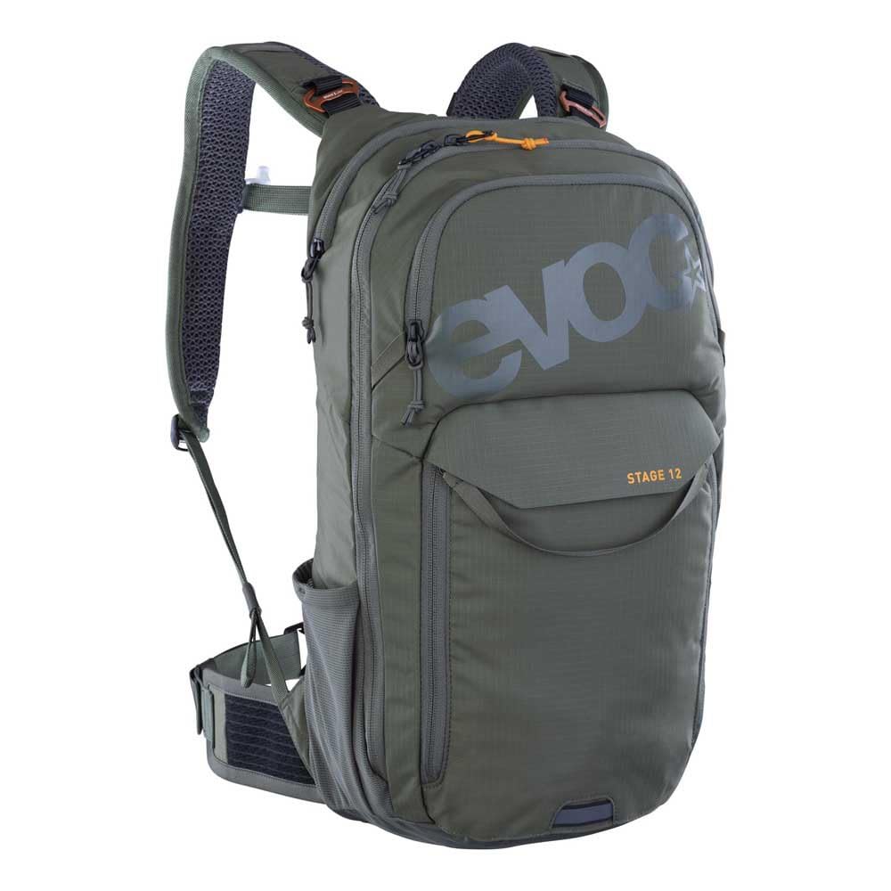 EVOC STAGE 12, Backpack (adjustable shoulder straps with BRACE LINK, AIR FLOW CONTACT SYSTEM, incl. hydration bladder compartment, tool compartment and compression straps, One Size), Dark Olive