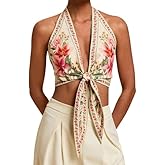SOLY HUX Women's Floral Print Tie Front Deep V Neck Halter Crop Tops Retro Vacation Summer Vest