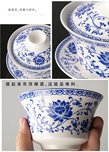 Chinese Porcelain Teacups 6.7oz Gaiwan Flower Tureen Tradition Sancai Cover Bowl Lip Cup Saucer Tea Set for Loose Tea Espresso (200ml Blue lotus)