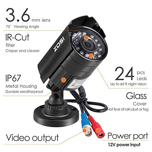 ZOSI HDTVI 1280TVL 1.0MP Security Camera 720P 3.6mm Lens 24 IR LEDs