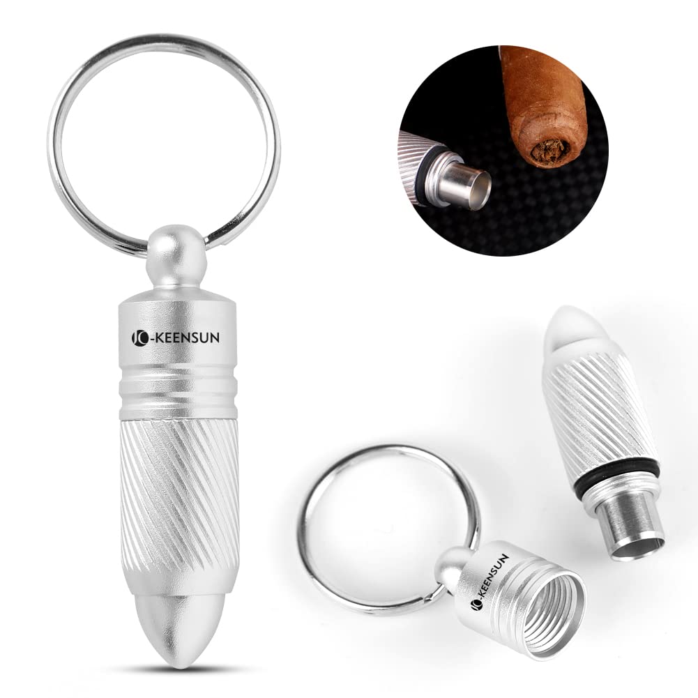 KEENSUN Cigar Punch - Stainless Steel Hole Opener With Rotary Blade, Portable Key Chain Ring (Silver)