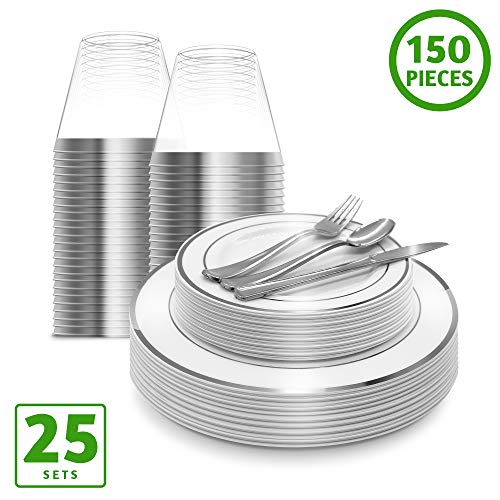 EcoEarth Silver Plates & Plastic Silverware & Gold Cups, Disposable Dinnerware 150 Pieces Includes: 25 Dinner Plates, 25 Dessert Plates, 25 Tumblers, 25 Forks, 25 Knives, 25 Spoons - Thumbnail 7