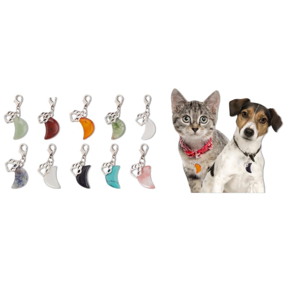 DELORIGIN 12pcs Natural Gemstone Pet Collar Charms, Moon Shaped Jewelry Charms Colorful Dog Paw Pet Collar Pendants Clip-on Charms for Dog Cat Bag Decor Keychain Pet Necklace Home Decoration