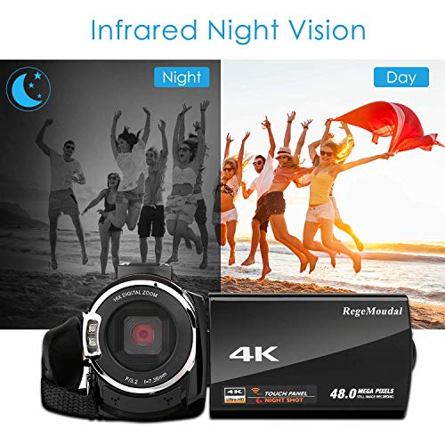 4K Camcorder Video Camera,Regemoudal 1080P 4k 128GB 48MP 3 Inch WiFi Digital Video Camera Camcorder,Capactive Touchscreen IR Infrared Night Vision 16X Digital Zoom Recorder