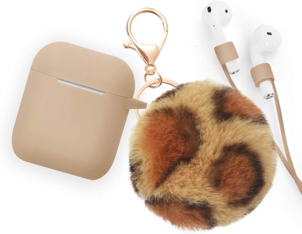 Case for Airpods Case - Cammate AirPods Case Cover Silicone Skin Protective Airpods Accessories for Apple Airpods Charging Case with Anti-lost Strap,Fur Ball Keychain,Khaki(Front LED Visible)