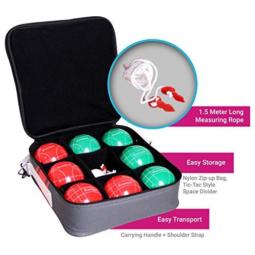 Harvil 100mm Bocce Ball Set. Includes 8 Poly-Resin Balls, 1 Pallino, 1 Nylon Zip-Up Carrying Case and Measuring Rope.
