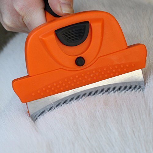 GoPets Deshedding Tool for Dogs and Cats - Self Cleaning Curved Comb Grooming Brush Reduces Shedding 95%