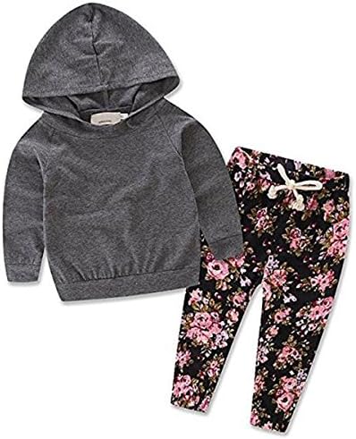 Baby Girls Floral Hoodie+ Floral Pant Set Leggings 2 Piece Outfits Clothes Set (3-6 Months, Grey)