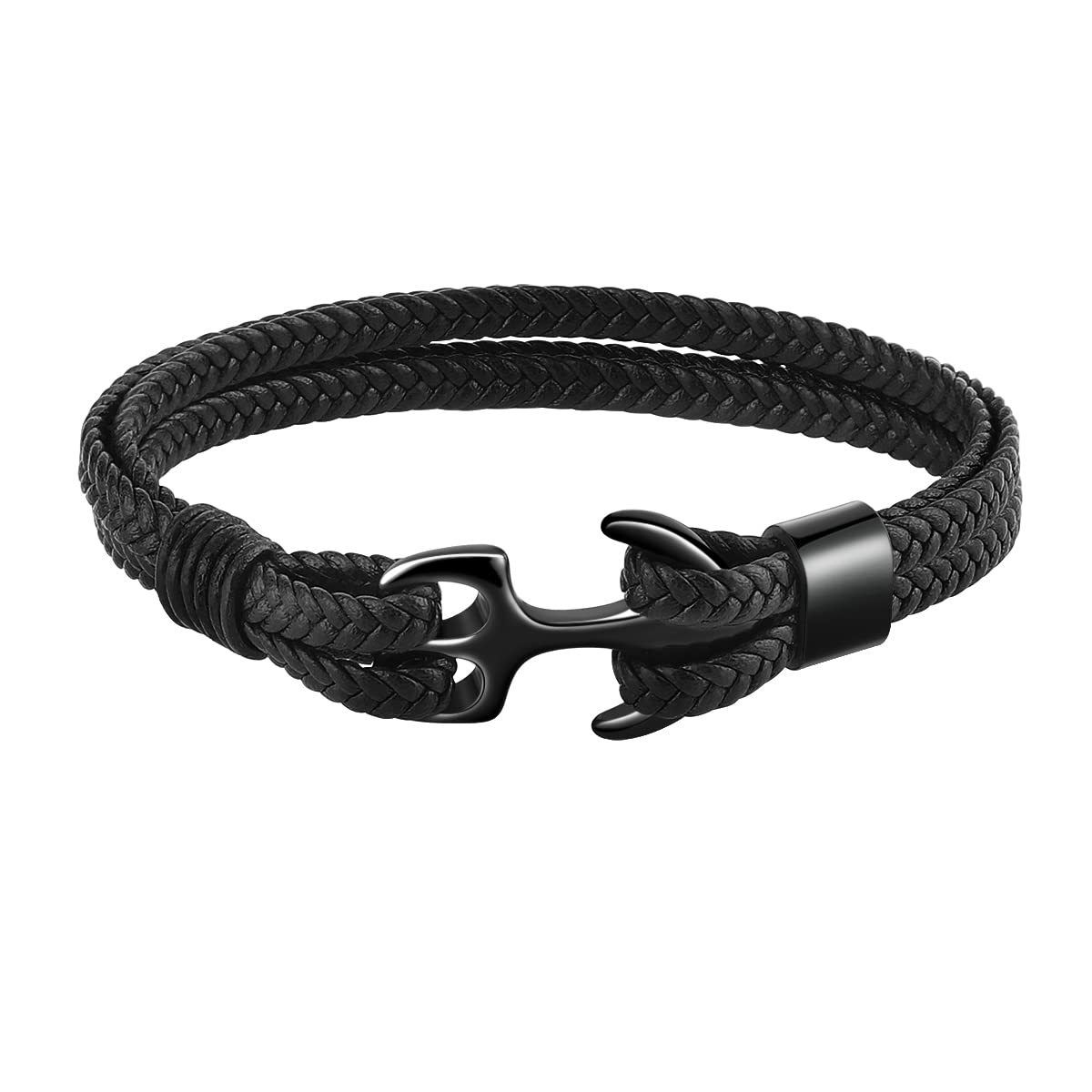 Emibele Bracelet for Women, Sturdy Cowhide Leather Cuff, Multilayer Vintage Anchor Bracelet - Black with Black Anchor