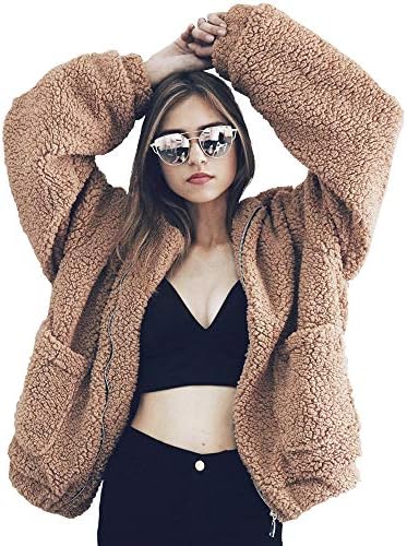 Tearmer Women's Boyfriend Warm Winter Long Sleeve Lapel Zip up Faux Shearling Shaggy Oversized Coat Jacket with Pockets