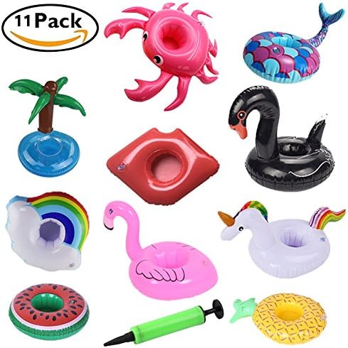 SECOWEL 10 Pack Inflatable Drink Holders + 1 Pack Hand Air Pump, Floatable Coasters of Flamingo Unicorn Swan Watermelon Pineapple etc, Float Your Drinks in Pool Party