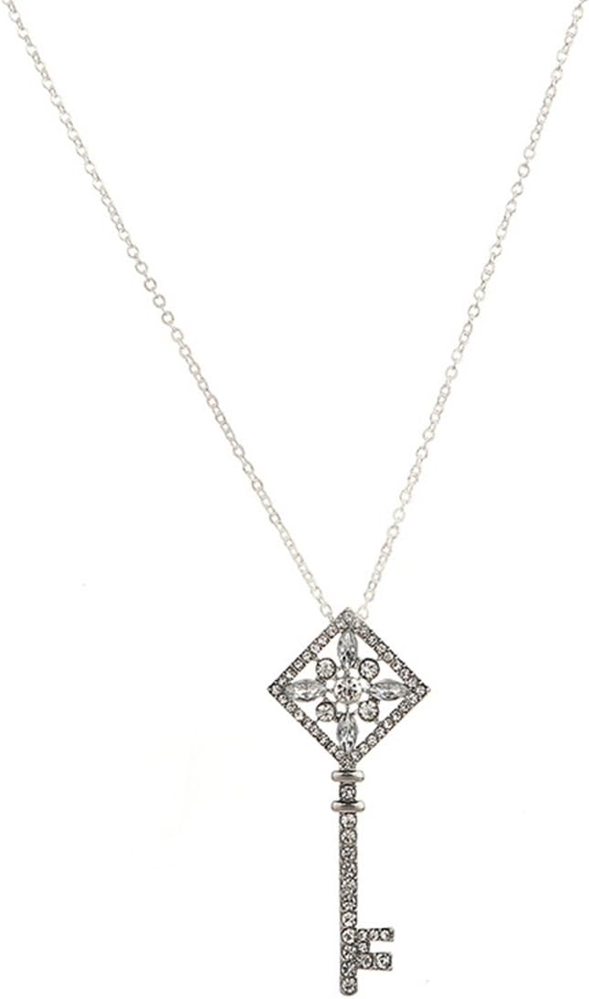 Fvermecky Halloween Rhombus Keys Pendants Necklace Shiny Crystal Sweater Chains Necklace Best Idea Gifts for Teens Girls (Silver)