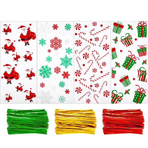 100 Pieces Christmas Cellophane Bags Candy Gift Bags Goodies Treat Bags with 150 Pieces Twist Ties for Christmas Party Packaging Supplies (Style 4)