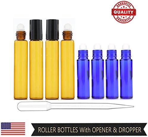 Roller Bottles Roll On Bottles with Glass Roller Balls for Essential Oils Perfume Wax Lip Balm Deodorant, AGAINST UV RAYS & NEVER LEAK, set of 8, 10ml & 5ml, WITH FREE OPENER & DROPPER, Amber & Blue