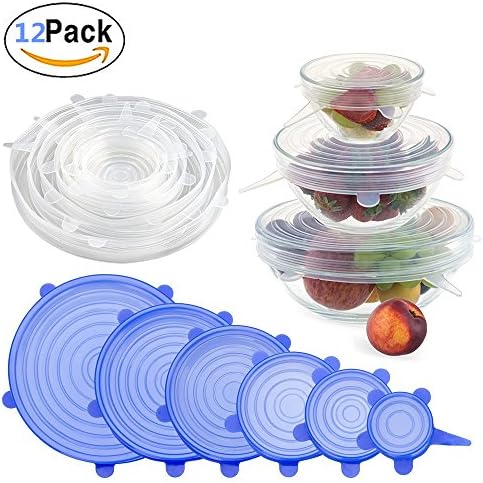 12 Packs Silicone Stretch Fresh Lids, Fresh-Care and Seal Suction Preserving Lid Various Size Reusable Elasticated Food Fresh Saver Storage Covers Wrap for Bowls Cups Pots Can Mason Jar Mugs Container