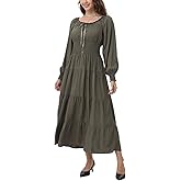 OSTOO Women's 2025 Casual Long Sleeve Square Neck Smocked High Waist Flowy Maxi Dress,Boho Tiered Beach Party Dress