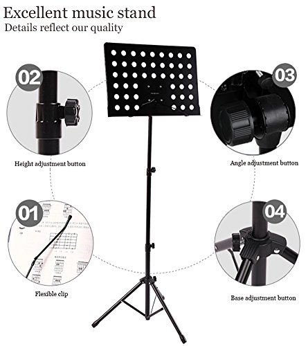 Sheet Music Stand 63"Portable Adjustable Folding Music Holder for Violin Guitar with LED light,Paper Holder,Carrying Bag Black - Lunies