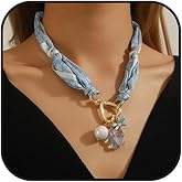 Scarf Necklace for Women Dainty Bandana Butterfly Heart Pendant Necklace Boho Pearl Flower Bowknot Silk Scarf Necklace Boho Summer Beach Mermaid Jewelry Accessories