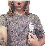 Women T Shirt Middle Finger Cat Pocket Shirts Harajuku Crop Top Tee