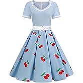 Women Short Sleeve Vintage Cherry Print Cocktail Dress 1950s Retro Rockabilly Swing Dress 50s Audrey Hepburn Prom Party Short Pinup Dress Fruit Knee Length Wedding Evening Formal Dress Blue-Cherry M