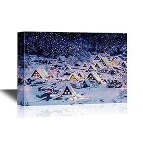 European Town Canvas Wall Art - Quiet Town in a Snowy Night - Gallery Wrap Modern Home Art | Ready to Hang - 12x18 inches